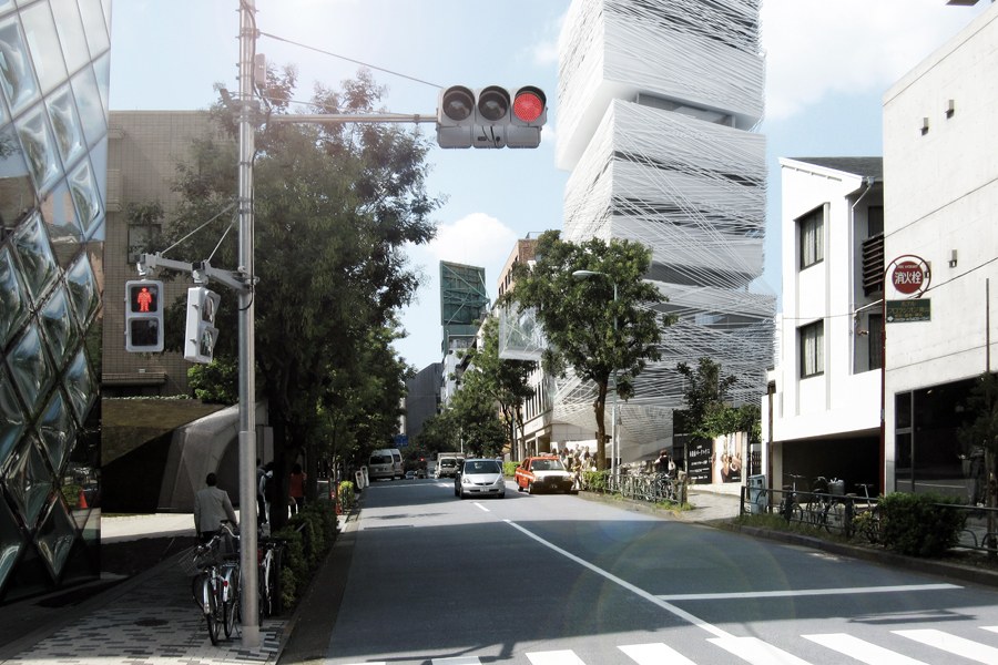 Muzeum mody w Tokio, widok z poziomu ulicy. Wizualizacja MUS Architects